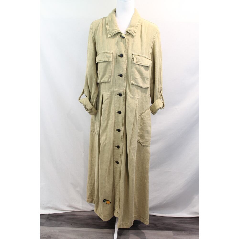Free People Rainz Duster Jacket Linen Viscose Womens size M Beige Roll Sleeves